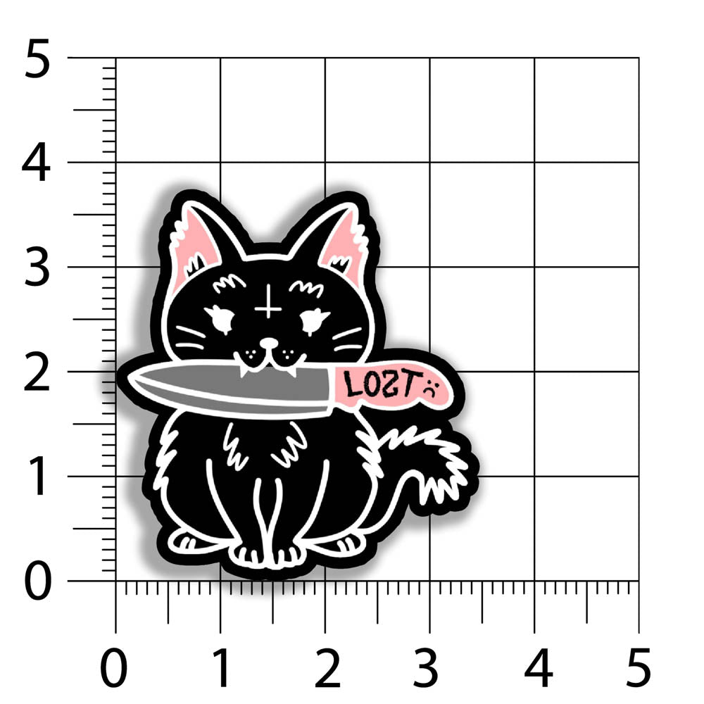 Pancake graffiti sticker. This die-cut sticker features the black cat Pancake holding a knife in her mouth. A sizing chart provides the background for this display and indicated that the sticker is 3.5 inches wide and 3.75 inches tall.