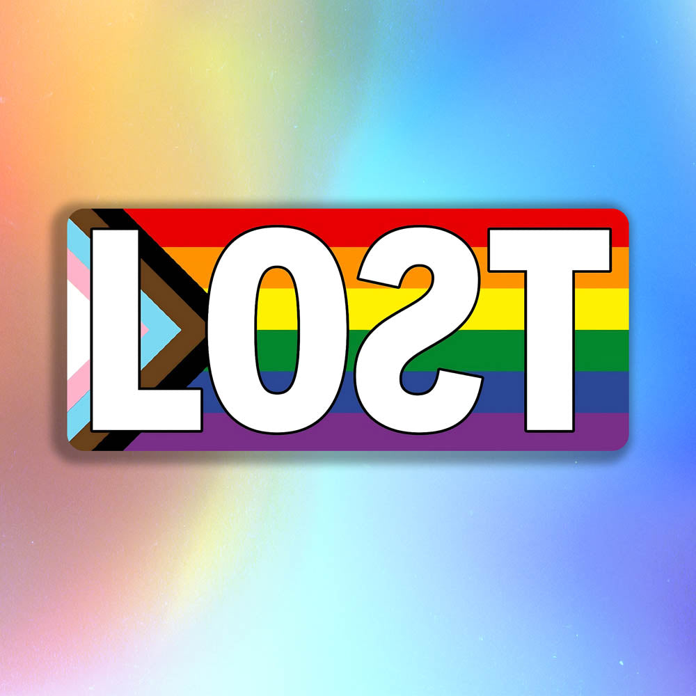 The LOST Progress graffiti sticker. The word LOST written in bold white letters on top of a rainbow progress flag. The sticker is displayed against a holographic background.