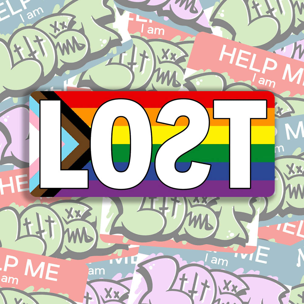 The LOST Progress graffiti sticker. The word LOST written in bold white letters on top of a rainbow progress flag. The sticker is displayed against a background of colorful graffiti stickers.