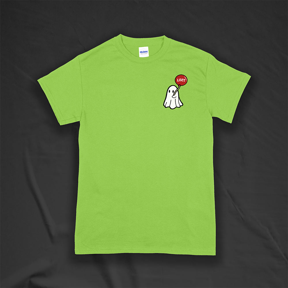 Sad Ghost with a balloon t-shirt by Lost Streetwear. Full color design on a lime green shirt. 