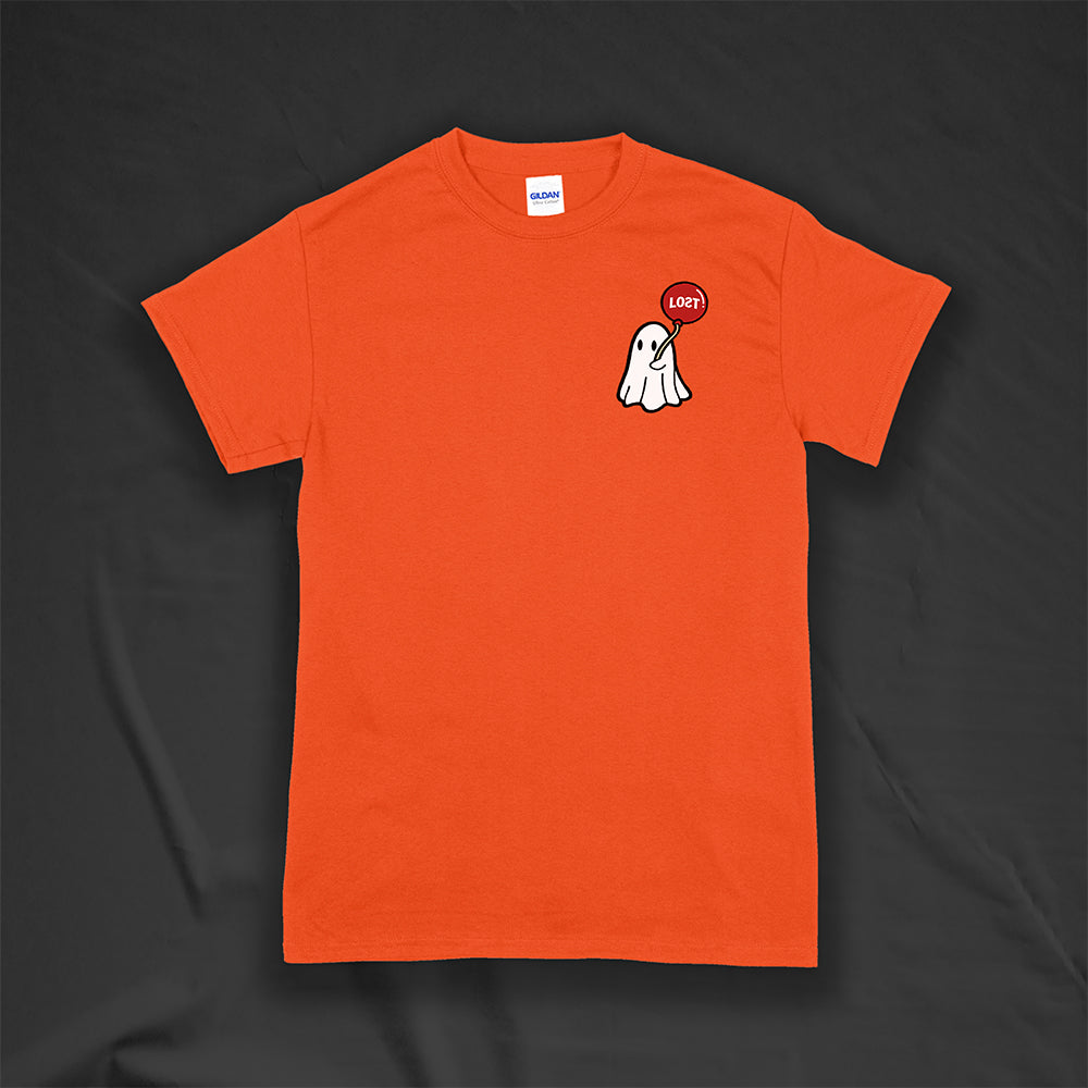 Sad Ghost with a balloon t-shirt by Lost Streetwear. Full color design on an orange shirt. 