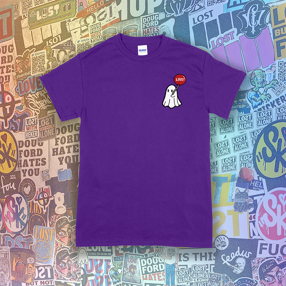 Sad Ghost with a balloon t-shirt by Lost Streetwear. Full color design on a purple shirt. Graffiti Stickers in the background.