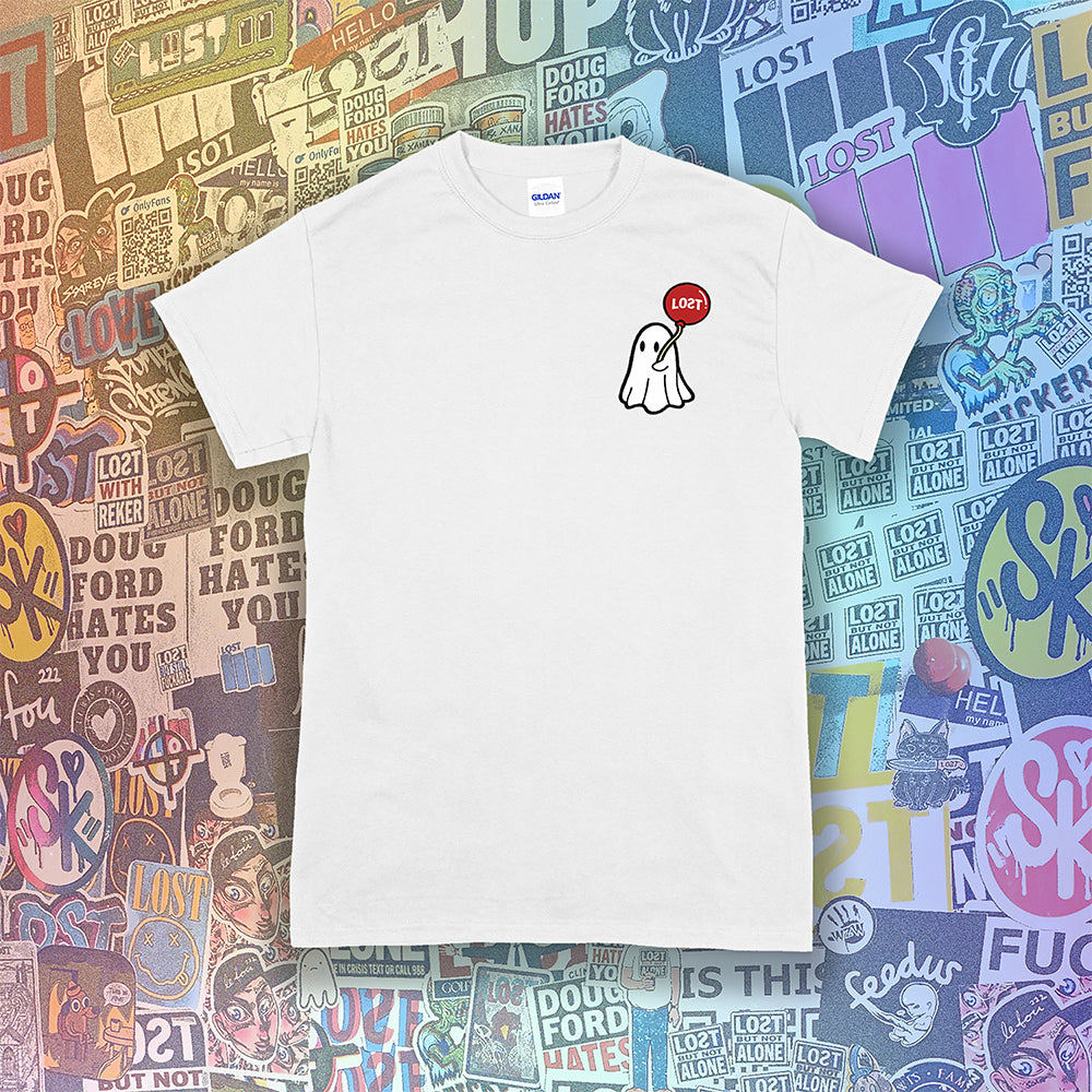 Sad Ghost with a balloon t-shirt by Lost Streetwear. Full color design on a white shirt. Graffiti Stickers in the background.