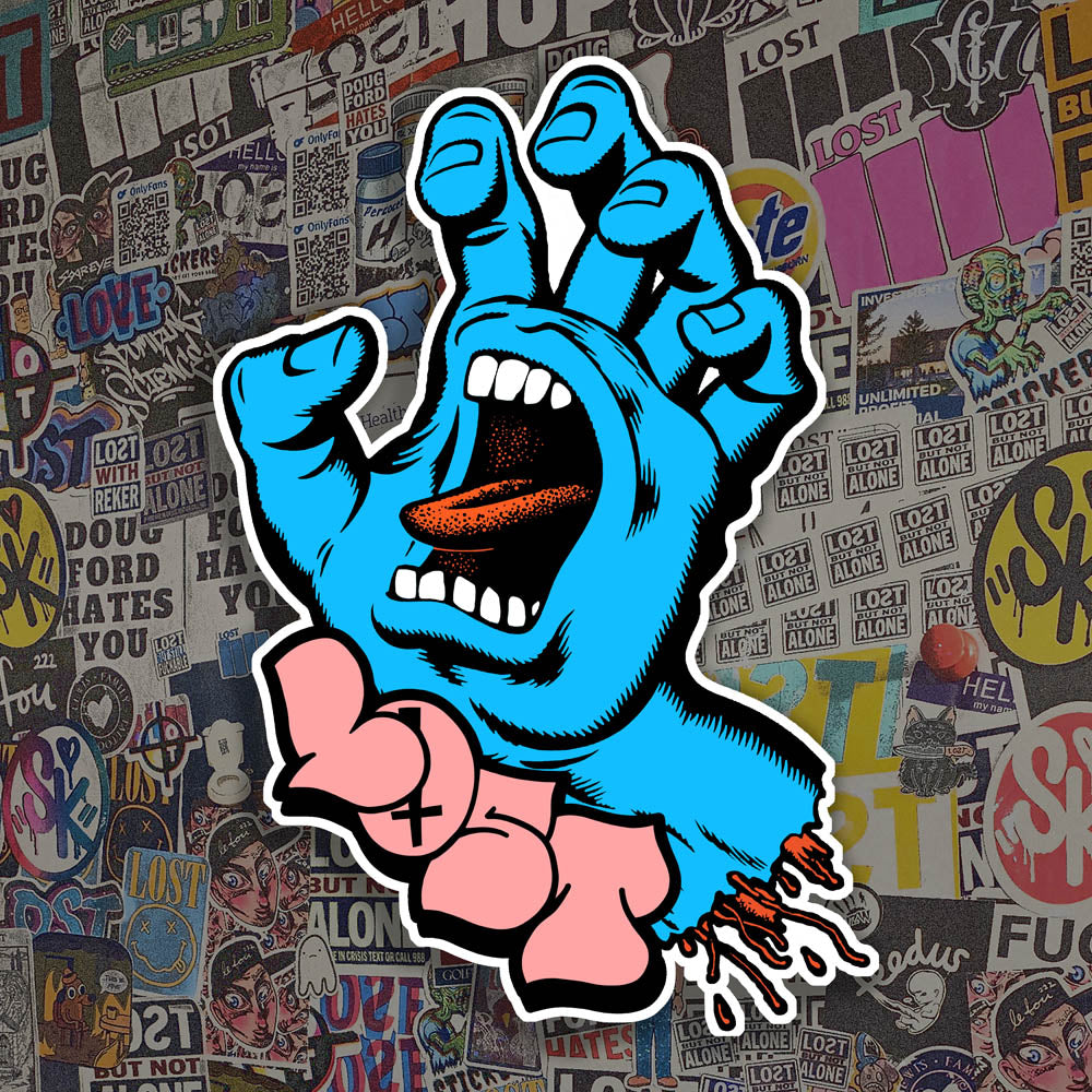 A re-imagined version of the iconic 80's logo with the addition of a pink graffiti throw-up by LOST. The die cut sticker has a white offset and is displayed against a wall of colorful graffiti stickers.