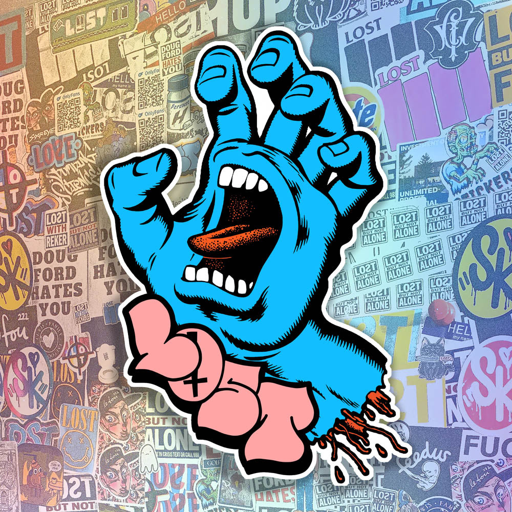 A re-imagined version of the iconic 80's logo with the addition of a pink graffiti throw-up by LOST. The die cut sticker has a white offset and is displayed against a wall of colorful graffiti stickers.