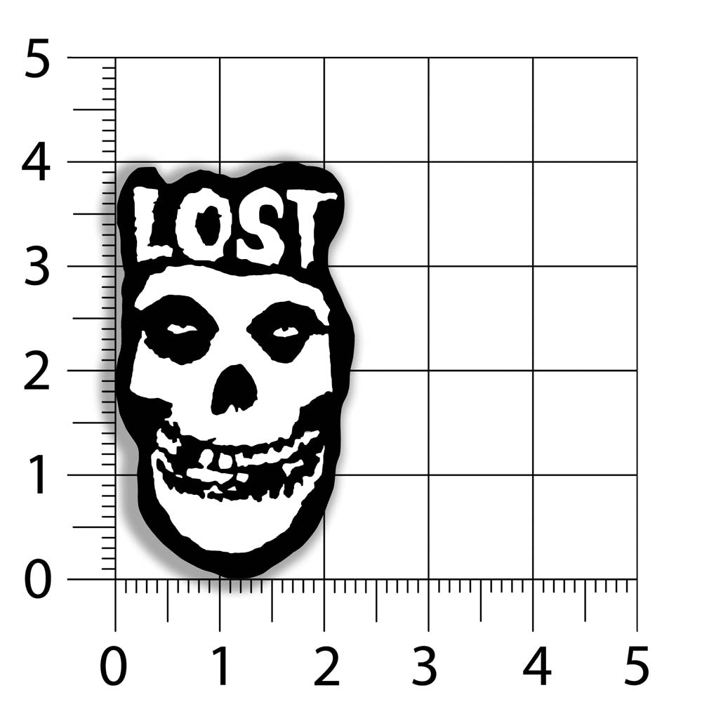 The Crimson Ghost Graffiti Sticker by LOST. A modern example of the classic black and white skull logo re-invented. The Word LOST is scrawled across the top in Bold white letters.