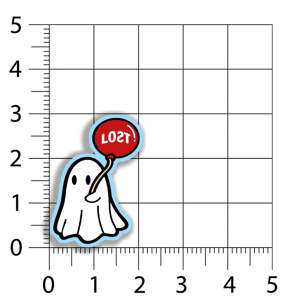 The Sad Ghost graffiti sticker by LOST. Full color die cut design of white ghost holding a red balloon. The sticker is outlined in a light shade of blue the background sizing chart indicates that it is approximately 2.2 by 3 inches big.