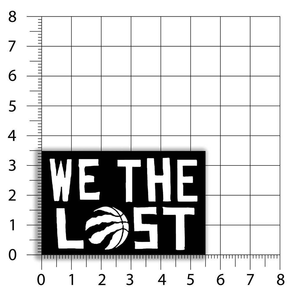 The We The Lost graffiti sticker. Bold white lettering and raptor claw design on a black sticker. The O in the word LOST is a basketball with claws. The sticker is set against a sizing chart that indicates it is 5.5 inches wide and 3.5 inches tall.