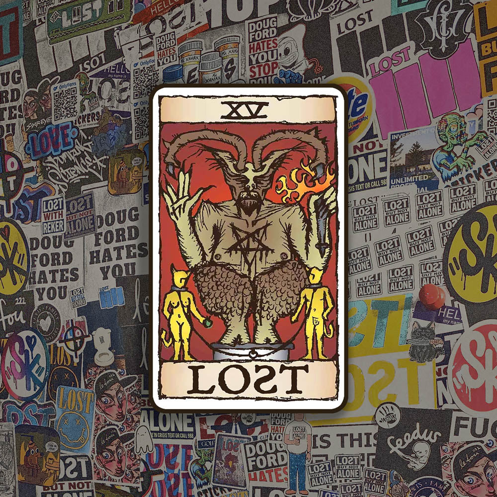 The Devil Graffiti Sticker by LOST. Featuring the Devil tarot card design rebranded as part of the LOST Tarot deck. Colourful graffiti stickers provide the background for this display.