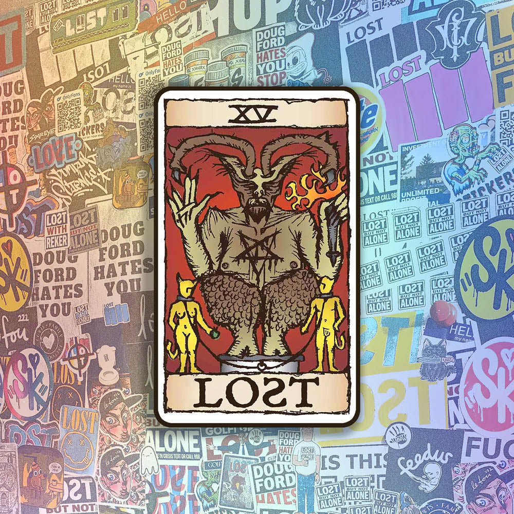 The Devil Graffiti Sticker by LOST. Featuring the Devil tarot card design rebranded as part of the LOST Tarot deck. Colourful graffiti stickers provide the background for this display.