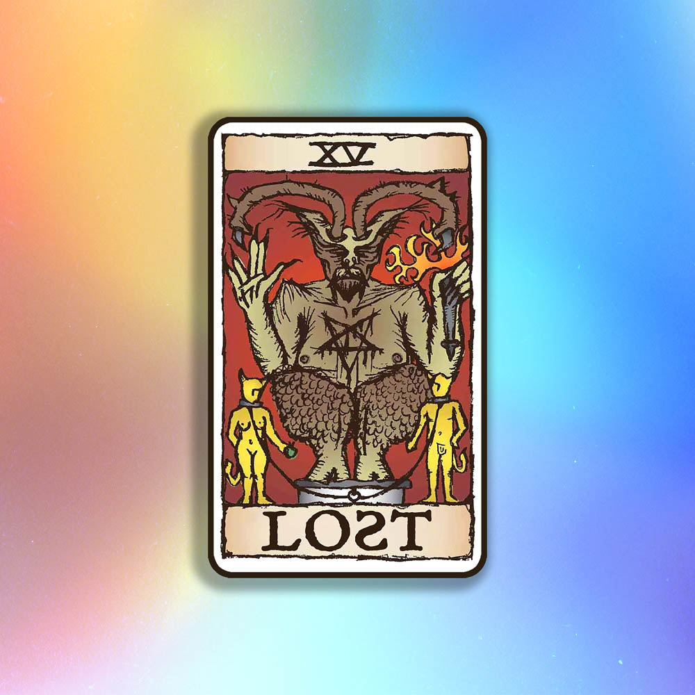 The Devil Graffiti Sticker by LOST. Featuring the Devil tarot card design rebranded as part of the LOST Tarot deck. The sticker is set against a holographic rainbow background.