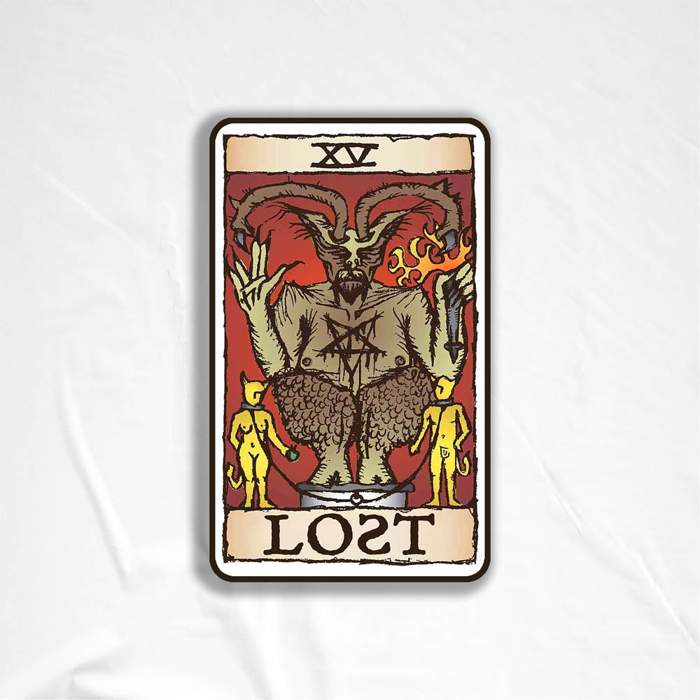 The Devil Graffiti Sticker by LOST. Featuring the Devil tarot card design rebranded as part of the LOST Tarot deck. The sticker is set against a white background.