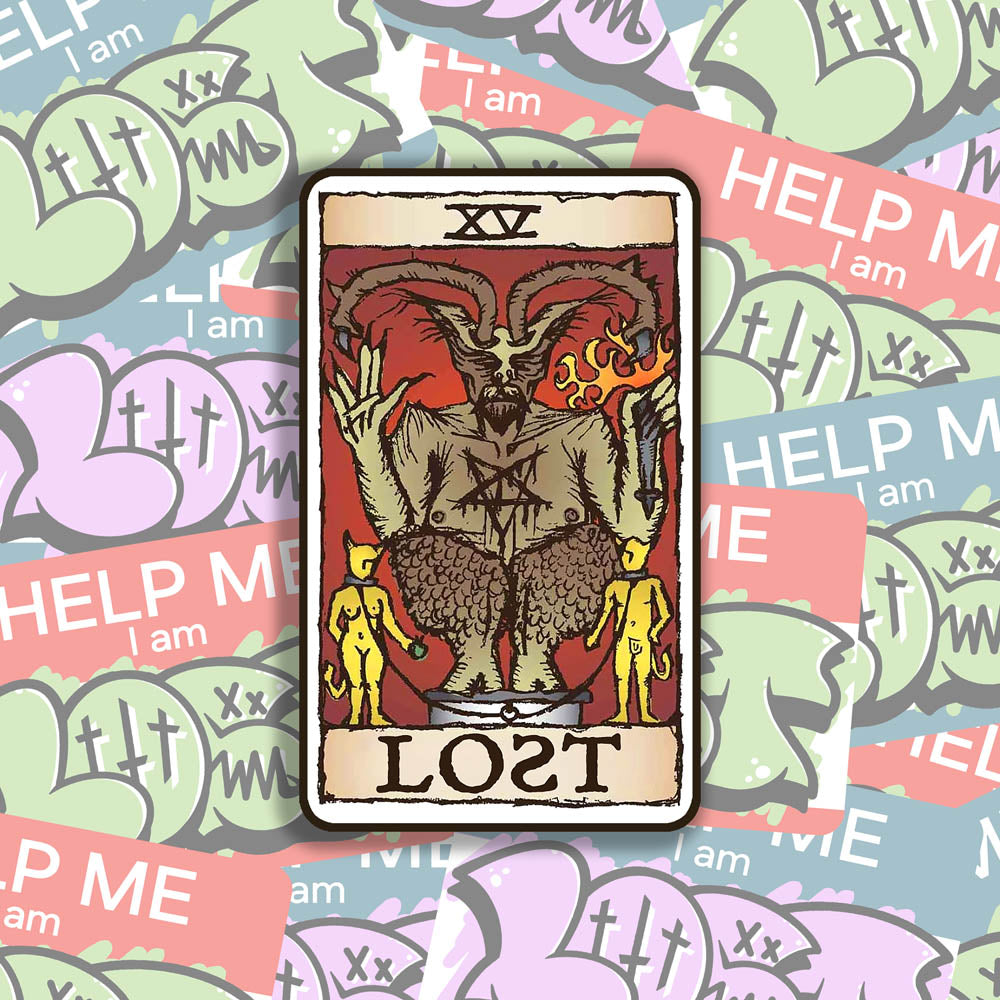 The Devil Graffiti Sticker by LOST. Featuring the Devil tarot card design rebranded as part of the LOST Tarot deck. Colourful graffiti stickers provide the background for this display.