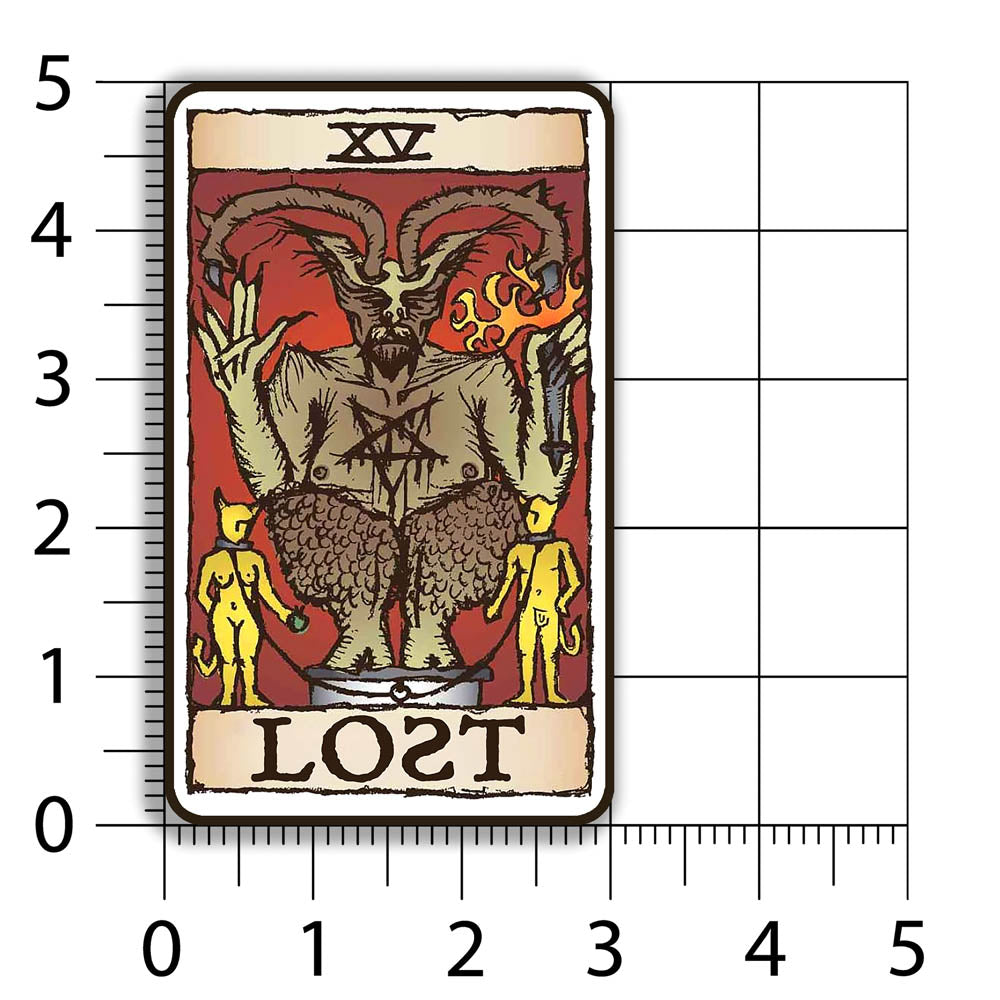 The Devil Graffiti Sticker by LOST. Featuring the Devil tarot card design rebranded as part of the LOST Tarot deck. Set against a sizing chart, this sticker measures 3 by 5 inches.