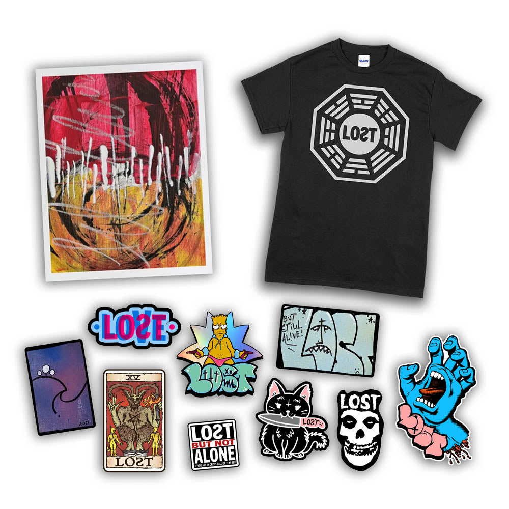 An example of the Lost Subscription Club full set is displayed. The set features a LOST t-shirt, an abstract painting, and a large spread of graffiti stickers displayed against a solid white background.