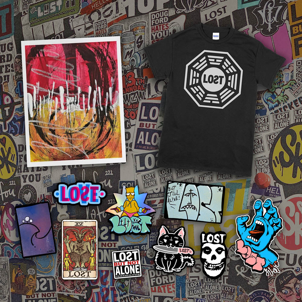 An example of the Lost Subscription Club full set is displayed. The set features a LOST t-shirt, an abstract painting, and a large spread of graffiti stickers displayed against a wall of colorful graffiti stickers featuring sticker artists from around the world.