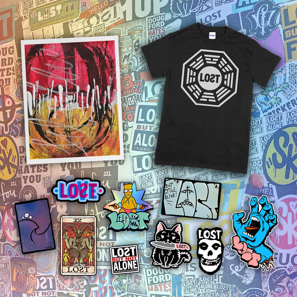 An example of the Lost Subscription Club full set is displayed. The set features a LOST t-shirt, an abstract painting, and a large spread of graffiti stickers laid out against wall of colourful graffiti stickers.