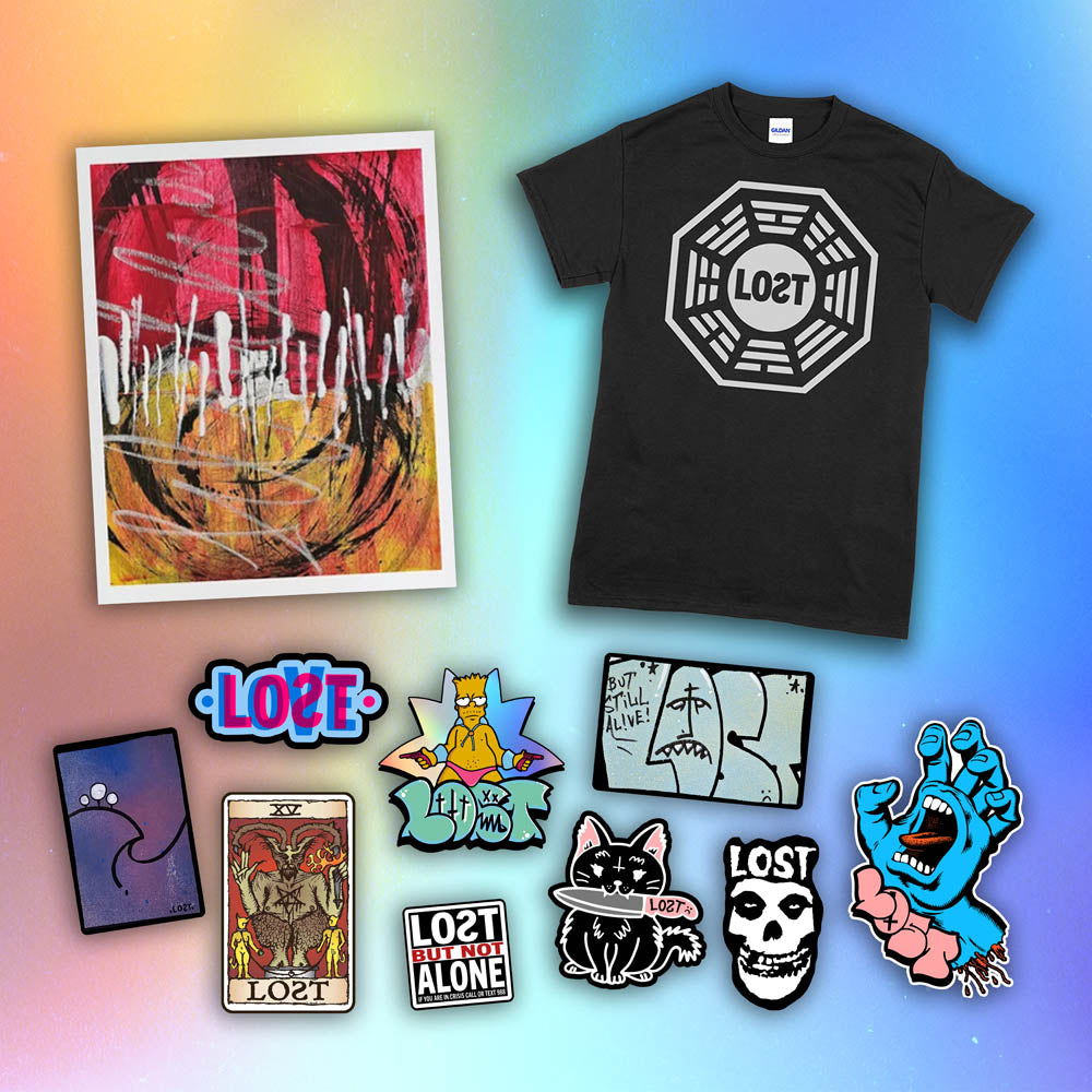 An example of the Lost Subscription Club full set is displayed. The set features a LOST t-shirt, an abstract painting, and a large spread of graffiti stickers displayed against a holographic background.