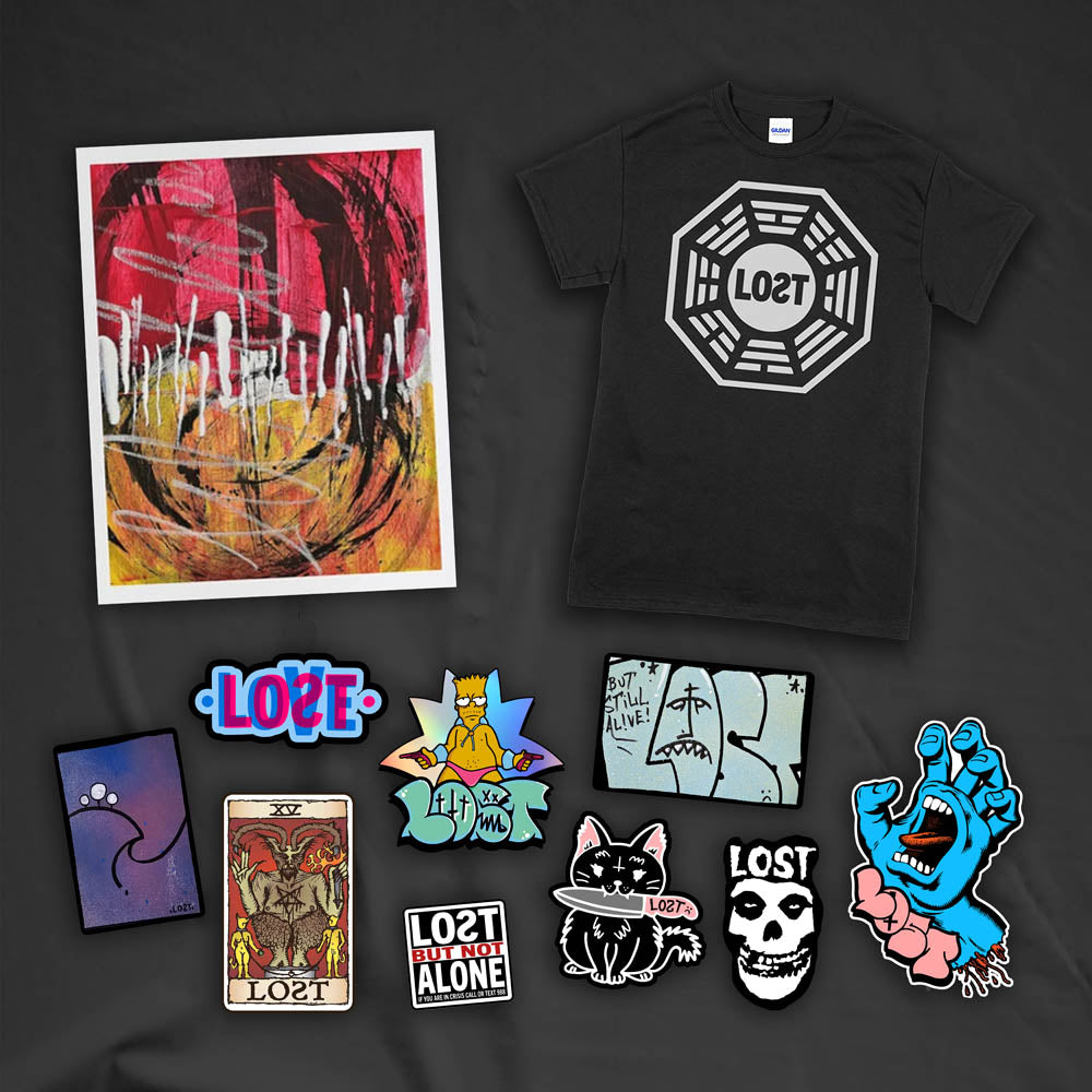 An example of the Lost Subscription Club full set is displayed. The set features a LOST t-shirt, an abstract painting, and a large spread of graffiti stickers laid out against a textured black background.