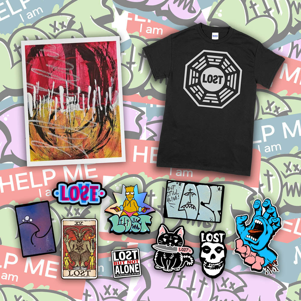 An example of the Lost Subscription Club full set is displayed. The set features a LOST t-shirt, an abstract painting, and a large spread of graffiti stickers laid out against a background of colourful graffiti sticker.