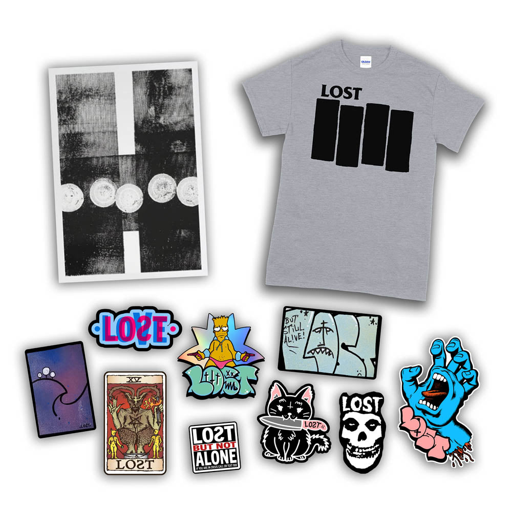 An example of the Lost Subscription Club full set is displayed. The set features a LOST t-shirt, an abstract painting, and a large spread of graffiti stickers displayed against a solid white background.