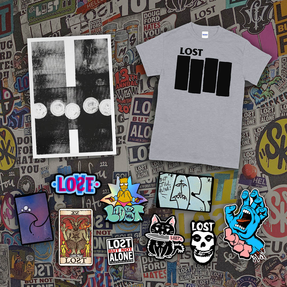 An example of the Lost Subscription Club full set is displayed. The set features a LOST t-shirt, an abstract painting, and a large spread of graffiti stickers displayed against a wall of colorful graffiti stickers featuring sticker artists from around the world.