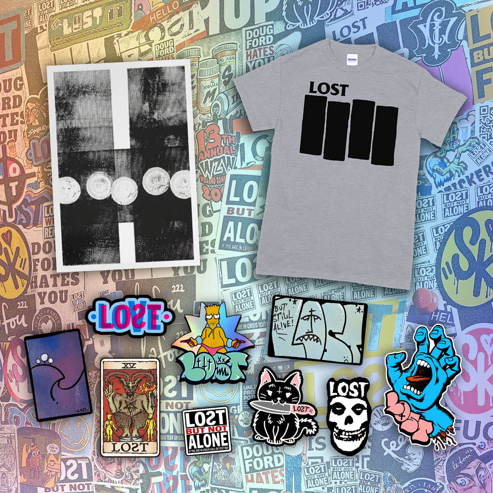 An example of the Lost Subscription Club full set is displayed. The set features a LOST t-shirt, an abstract painting, and a large spread of graffiti stickers laid out against wall of colourful graffiti stickers.