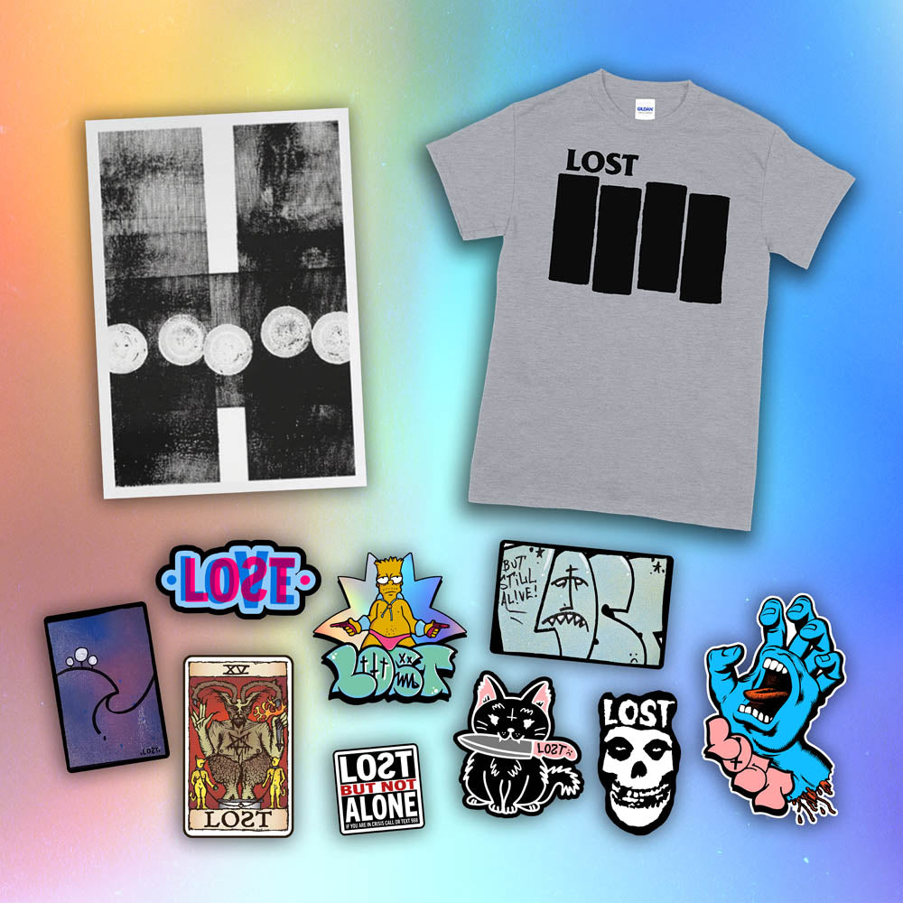 An example of the Lost Subscription Club full set is displayed. The set features a LOST t-shirt, an abstract painting, and a large spread of graffiti stickers displayed against a holographic background.