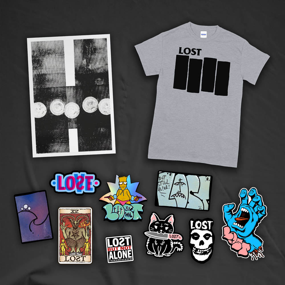 An example of the Lost Subscription Club full set is displayed. The set features a LOST t-shirt, an abstract painting, and a large spread of graffiti stickers laid out against a textured black background.