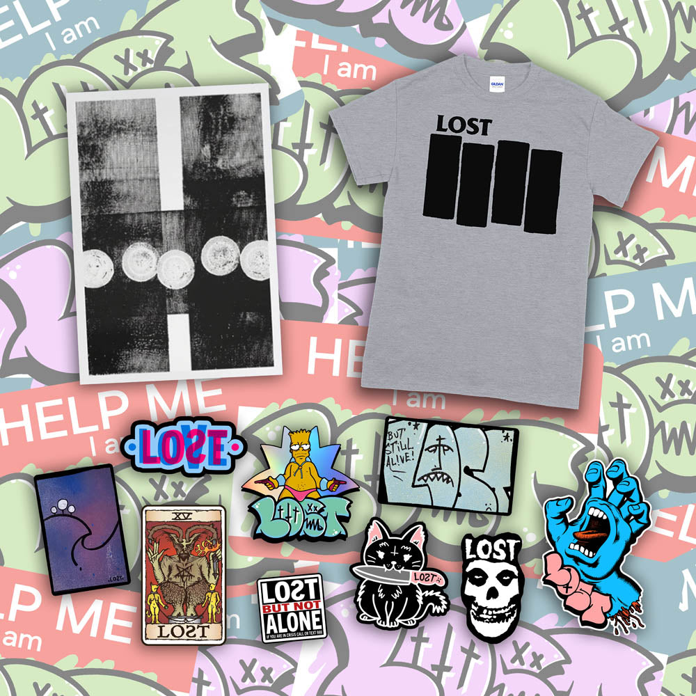 An example of the Lost Subscription Club full set is displayed. The set features a LOST t-shirt, an abstract painting, and a large spread of graffiti stickers laid out against a background of colourful graffiti sticker.