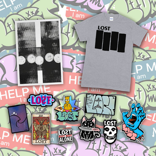 An example of the Lost Subscription Club full set is displayed. The set features a LOST t-shirt, an abstract painting, and a large spread of graffiti stickers laid out against a background of colourful graffiti sticker.