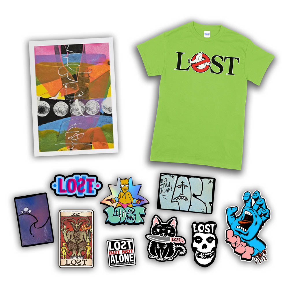 An example of the Lost Subscription Club full set is displayed. The set features a LOST t-shirt, an abstract painting, and a large spread of graffiti stickers displayed against a solid white background.