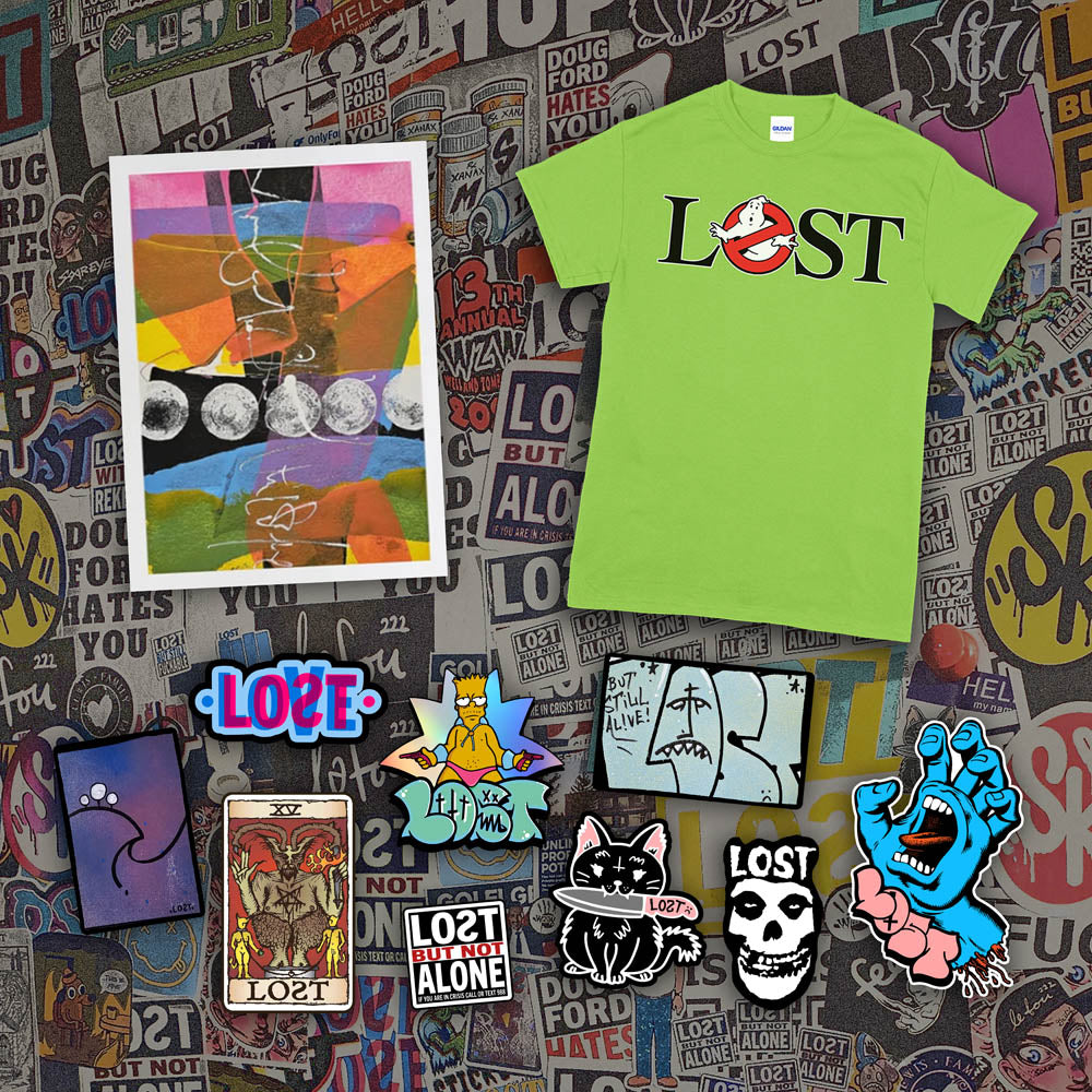 An example of the Lost Subscription Club full set is displayed. The set features a LOST t-shirt, an abstract painting, and a large spread of graffiti stickers displayed against a wall of colorful graffiti stickers featuring sticker artists from around the world.