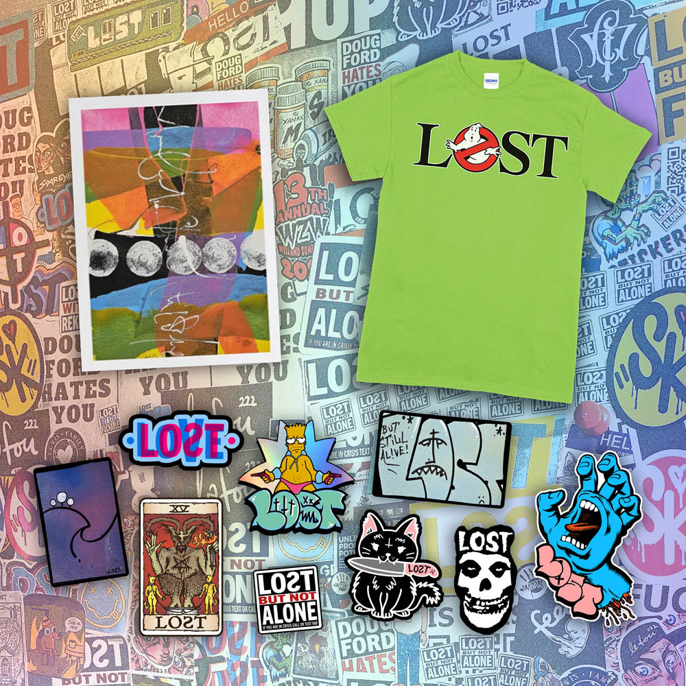 An example of the Lost Subscription Club full set is displayed. The set features a LOST t-shirt, an abstract painting, and a large spread of graffiti stickers laid out against wall of colourful graffiti stickers.