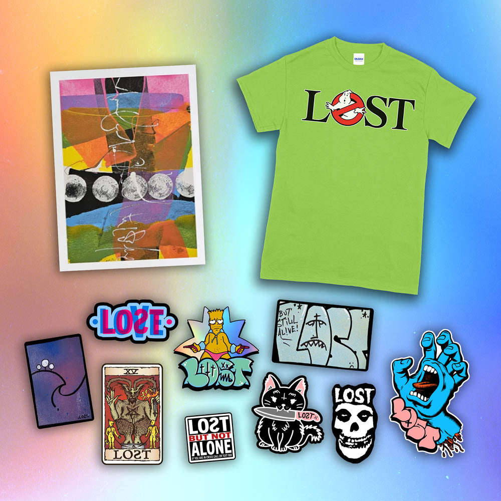 An example of the Lost Subscription Club full set is displayed. The set features a LOST t-shirt, an abstract painting, and a large spread of graffiti stickers displayed against a holographic background.