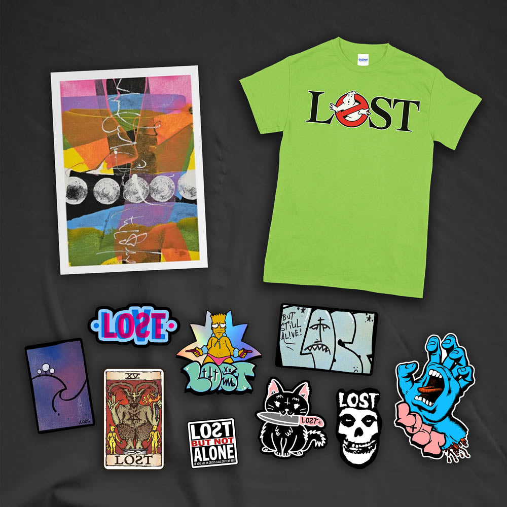 An example of the Lost Subscription Club full set is displayed. The set features a LOST t-shirt, an abstract painting, and a large spread of graffiti stickers laid out against a textured black background.