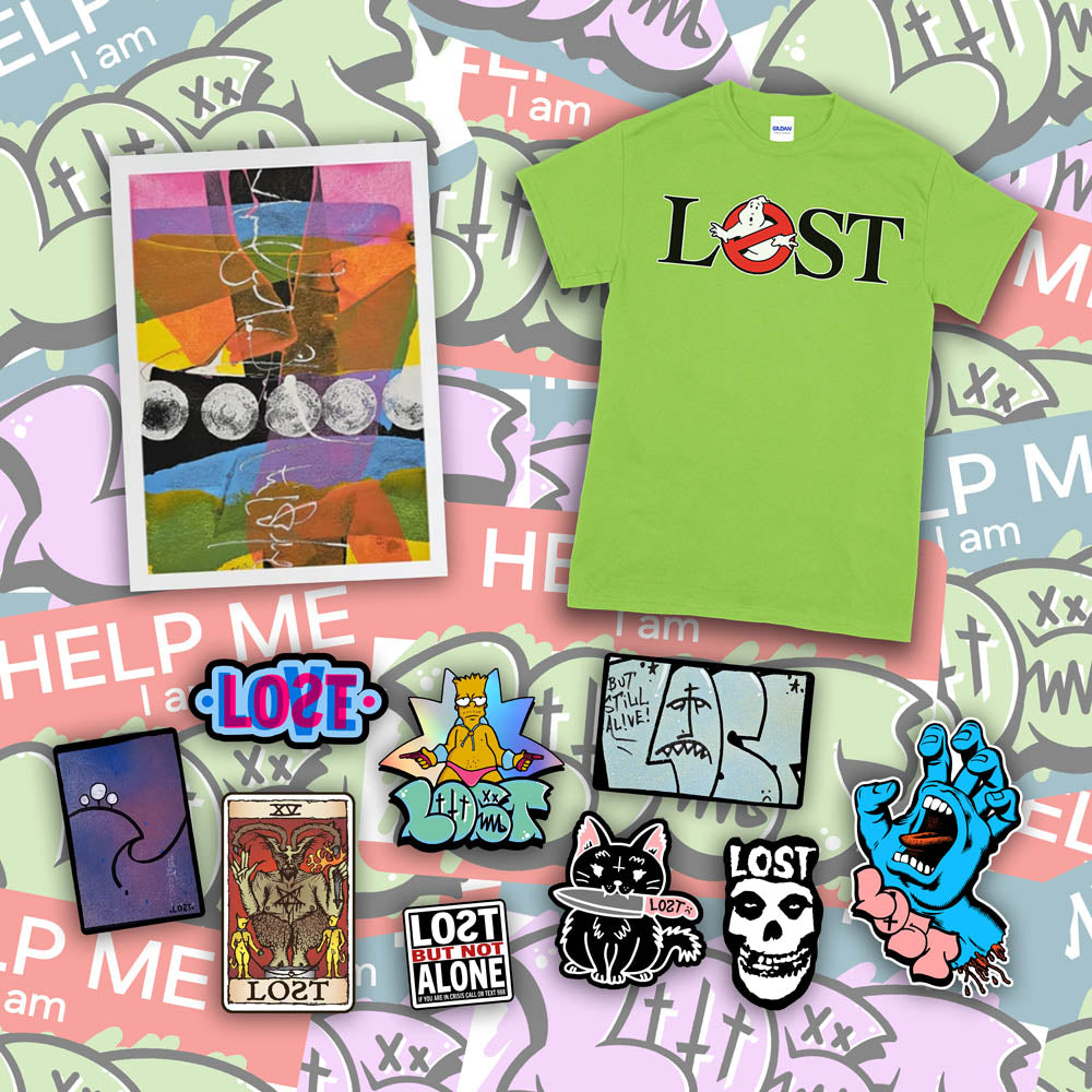 An example of the Lost Subscription Club full set is displayed. The set features a LOST t-shirt, an abstract painting, and a large spread of graffiti stickers laid out against a background of colourful graffiti sticker.