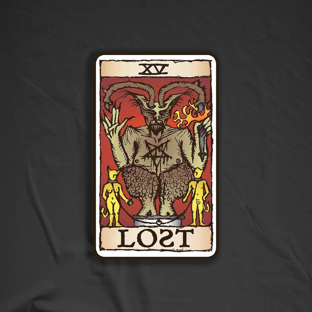 The Devil Graffiti Sticker by LOST. Featuring the Devil tarot card design rebranded as part of the LOST Tarot deck. This sticker display is set against a black background.