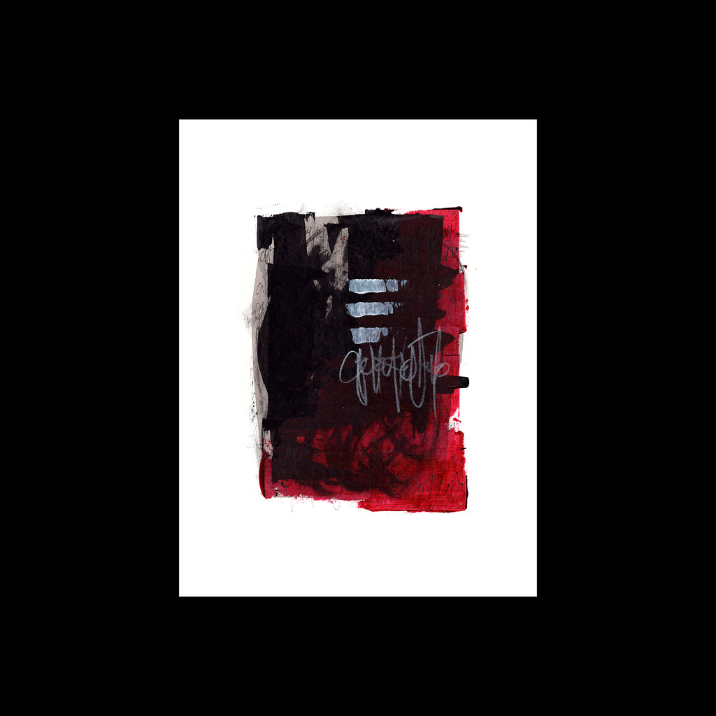 An abstract acrylic painting by artist Christopher Reilly featuring a textured, rectangular composition of black, red, and white paint strokes, typographic elements in the center, presented on white watercolor paper with a black border.