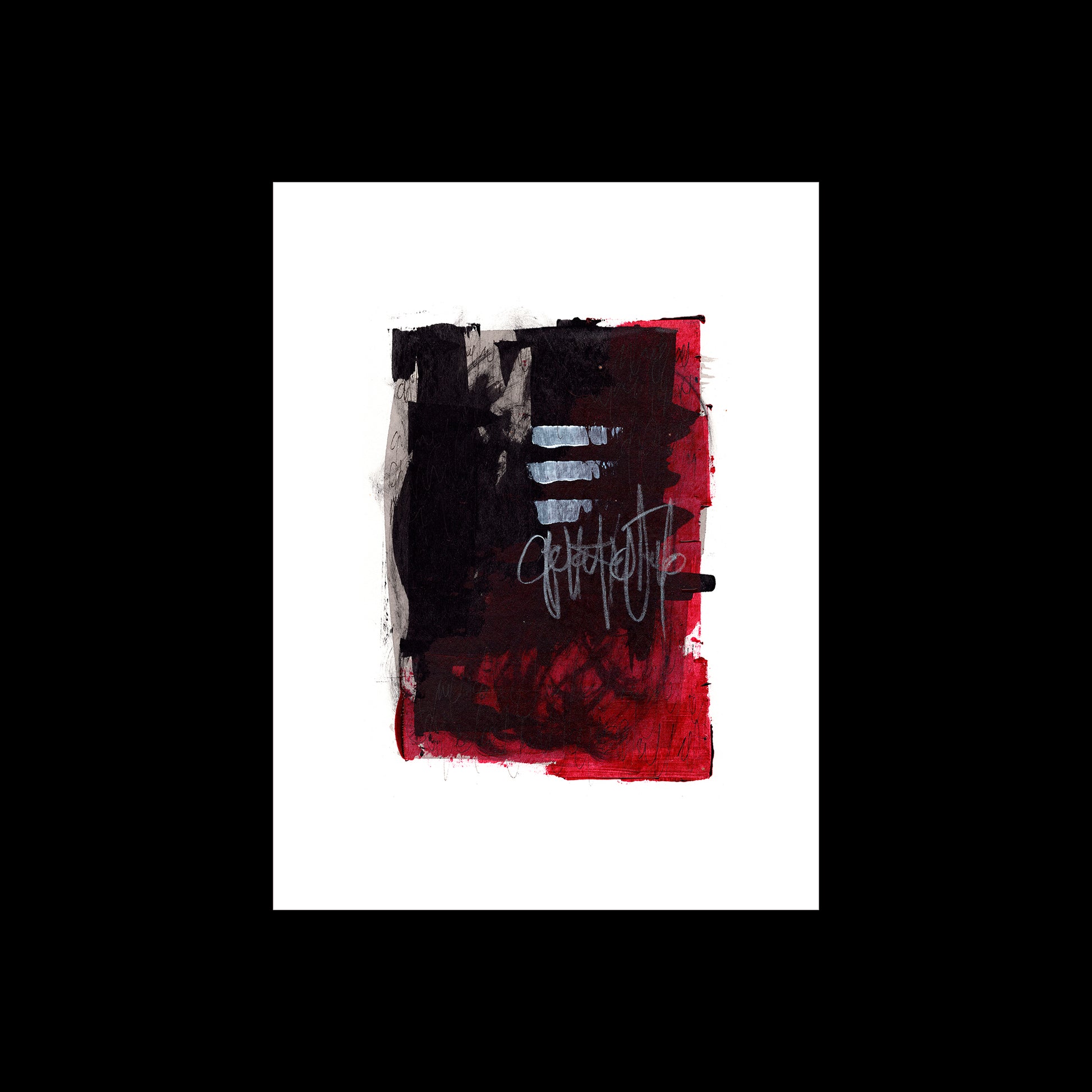 An abstract acrylic painting by artist Christopher Reilly featuring a textured, rectangular composition of black, red, and white paint strokes, typographic elements in the center, presented on white watercolor paper with a black border.