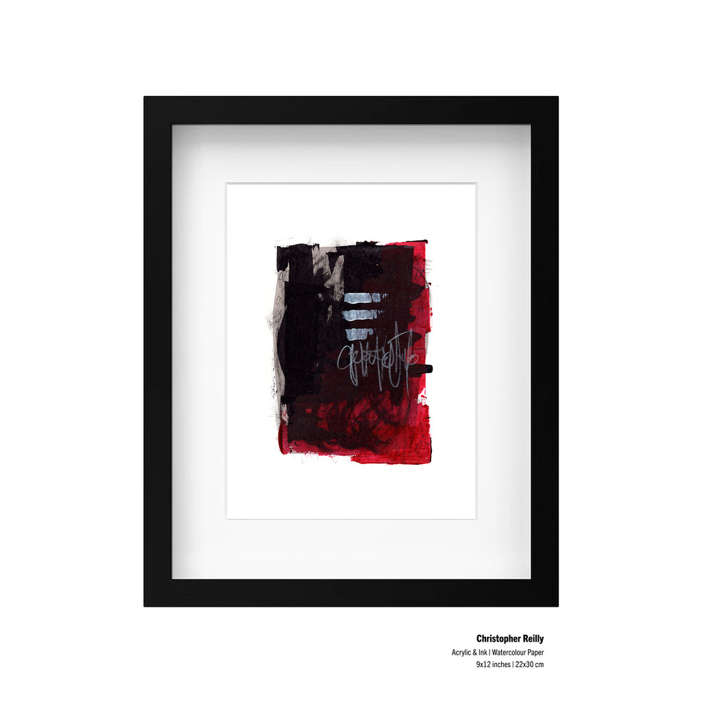 Framed abstract painting featuring a black and red textured square with white brushstrokes and a gray signature, shown in a black frame on a white background. Small text at bottom right reads 'Christopher Reilly' and 'Acrylic & ink on Watercolor Paper 9 x 12 inches (22 x 30 cm)'.