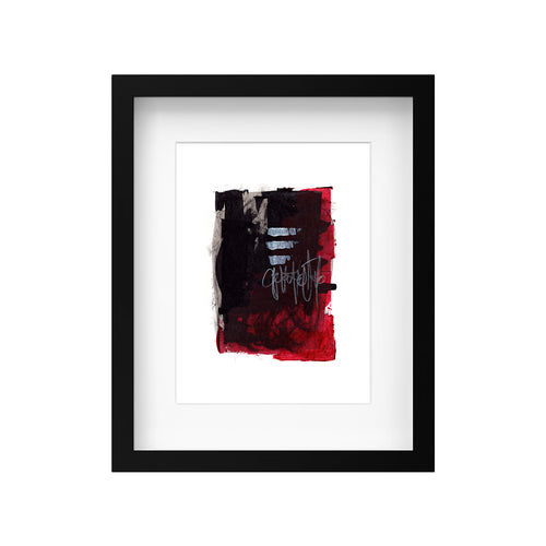 A 9x12 black, red, and white abstract painting by Christopher Reilly displayed in a minimalist black wood composite frame with a mat and real glass window. Ready to hang wall decor.