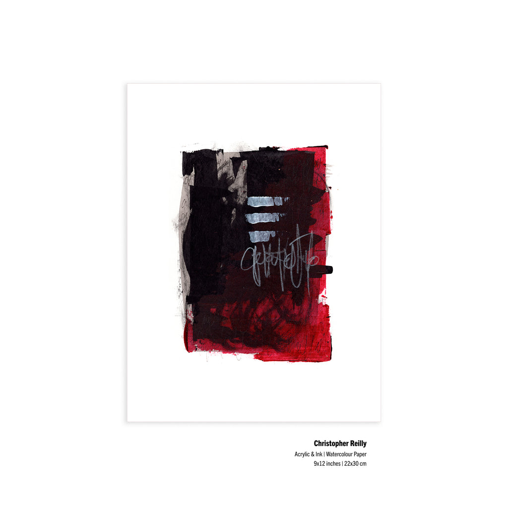Original 9x12 black, red, and white abstract painting by Canadian artist Christopher Reilly titled Painting 001. Contemporary post-graffiti art on heavy watercolor paper shown flat against a solid white background.