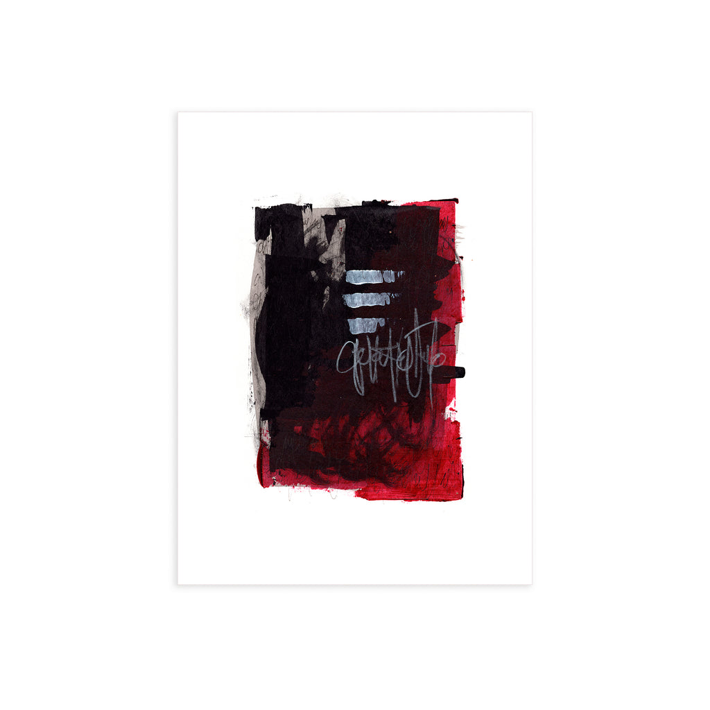 Original 9x12 black, red, and white abstract painting by Canadian artist Christopher Reilly titled Painting 001. Contemporary post-graffiti art on heavy watercolor paper shown flat against a solid white background.