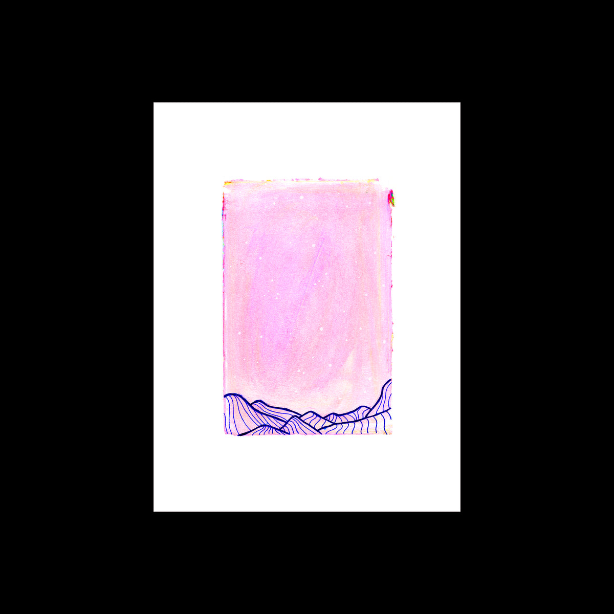 Original 9x12 black, soft pink and bold blue abstract painting by Canadian artist Christopher Reilly titled Painting 004. Contemporary post-graffiti art on heavy watercolor paper shown flat against a solid black background.