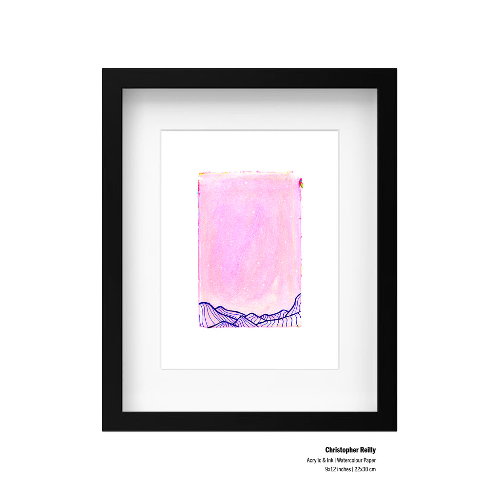 A 9x12 pink and blue abstract painting by Christopher Reilly displayed in a minimalist black wood composite frame with a mat and real glass window. Ready to hang wall decor. Text displays the size and artist information in the bottom right corner.