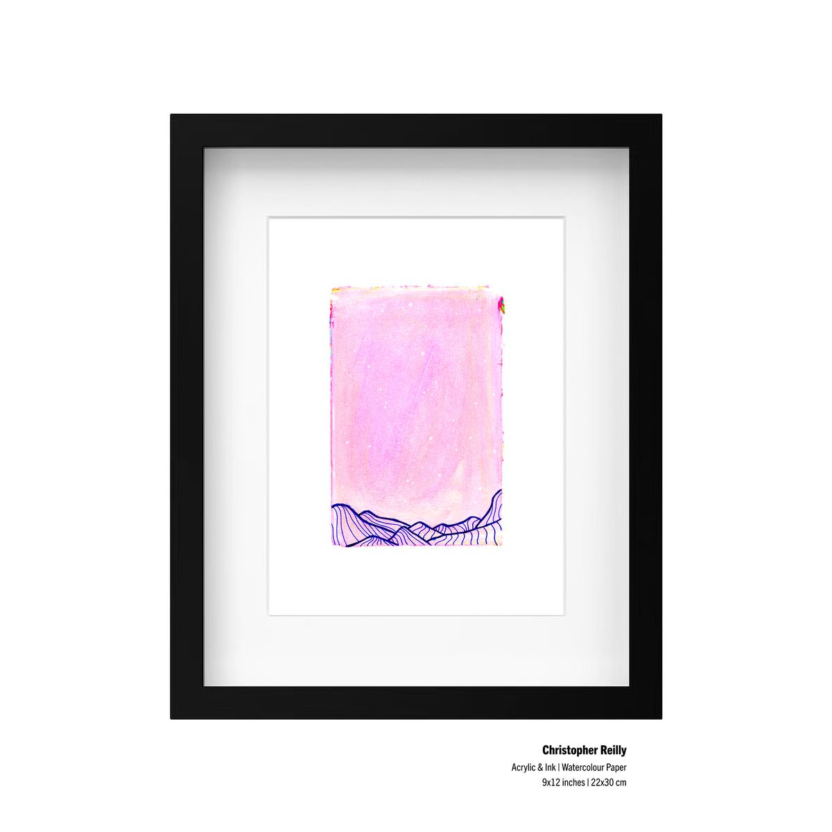 A 9x12 pink and blue abstract painting by Christopher Reilly displayed in a minimalist black wood composite frame with a mat and real glass window. Ready to hang wall decor. Text displays the size and artist information in the bottom right corner.