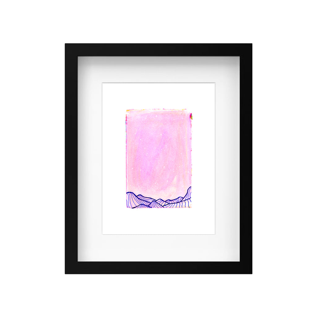 A 9x12 pink and blue abstract painting by Christopher Reilly displayed in a minimalist black wood composite frame with a mat and real glass window. Ready to hang wall decor.