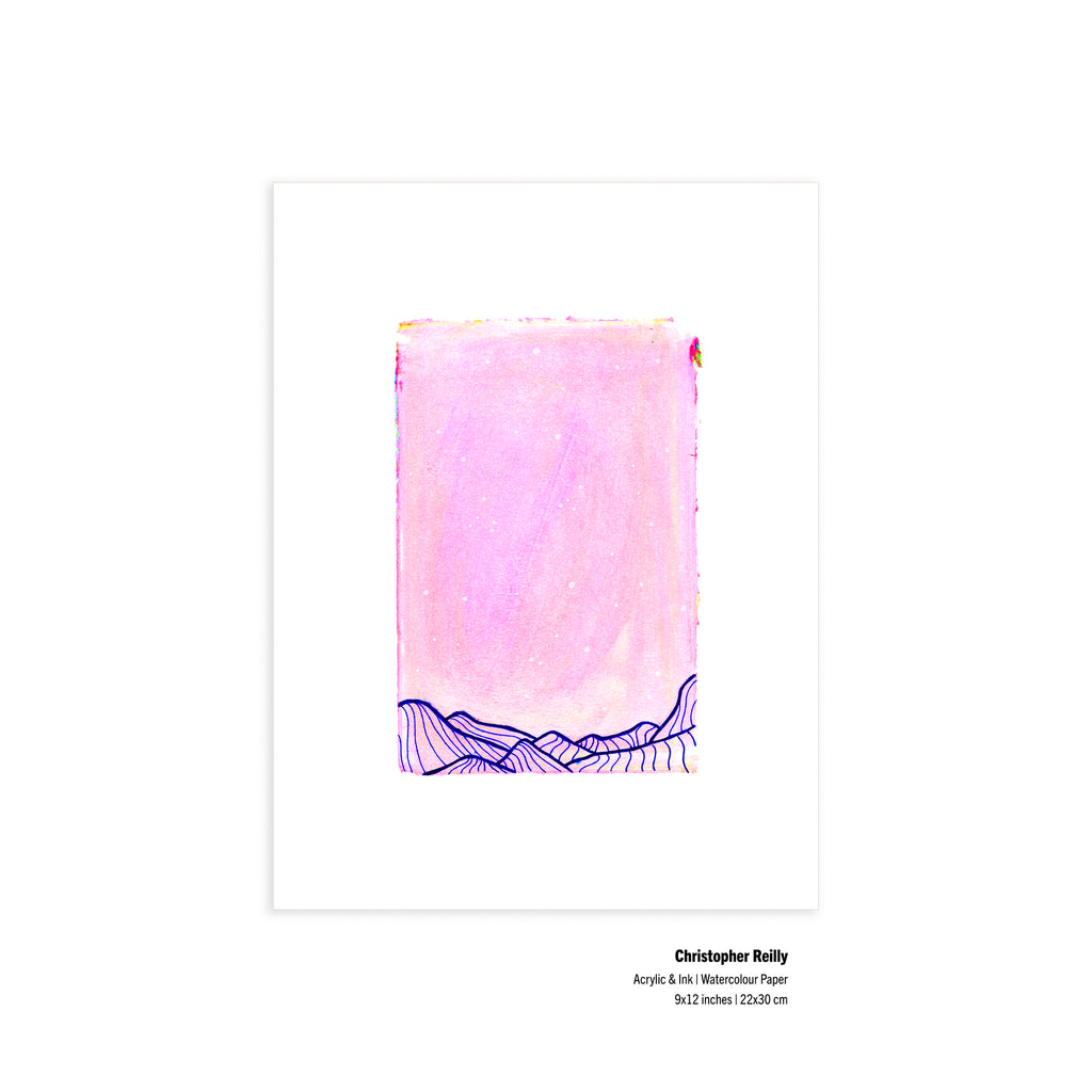 Original 9x12 black, pink and blue abstract painting by Canadian artist Christopher Reilly titled Painting 004. Contemporary post-graffiti art on heavy watercolor paper shown flat against a solid white background.