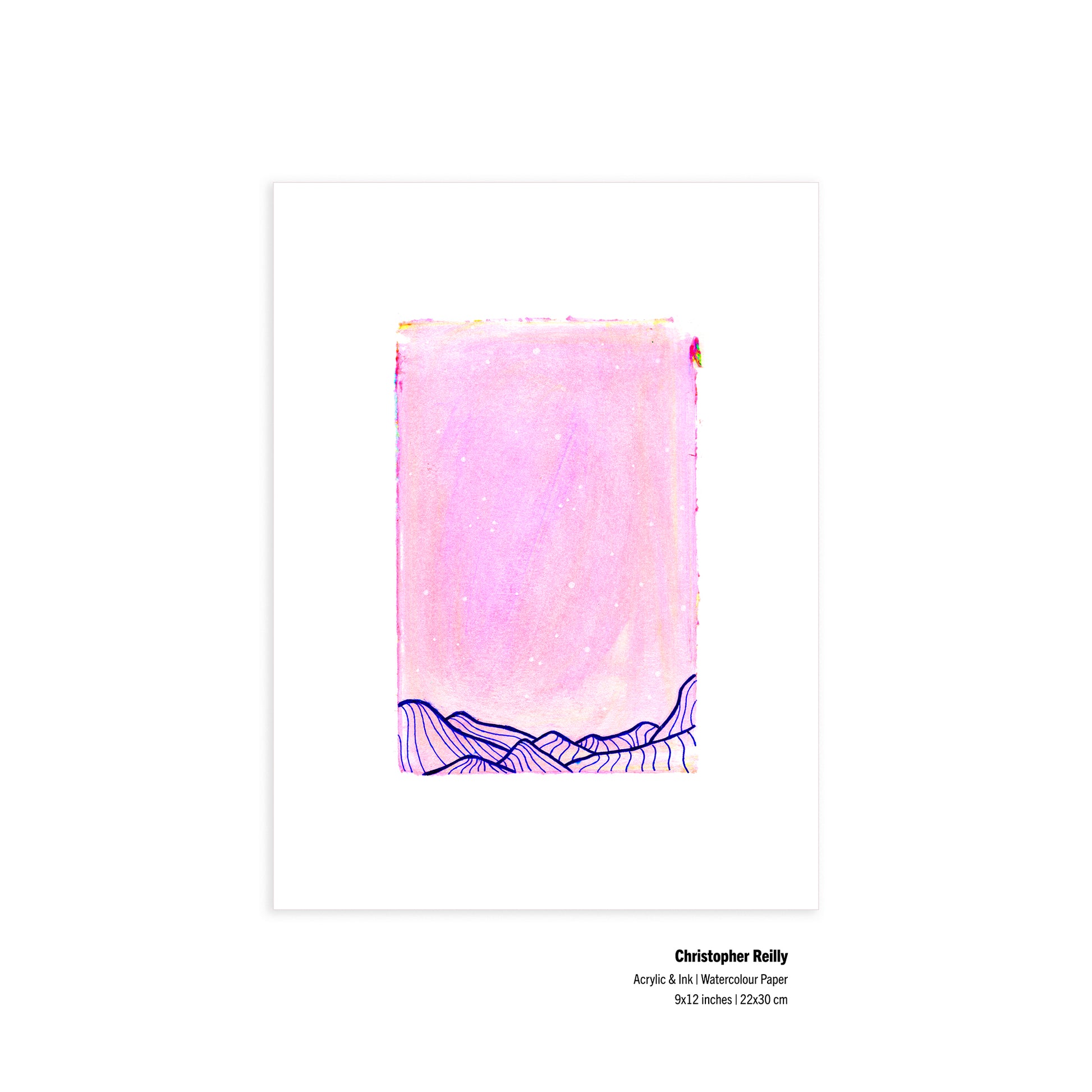 Original 9x12 black, pink and blue abstract painting by Canadian artist Christopher Reilly titled Painting 004. Contemporary post-graffiti art on heavy watercolor paper shown flat against a solid white background.